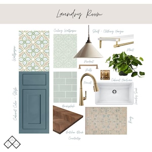 Puede incluir: Un concepto de diseño de lavadero con varios elementos. Incluye un estilo de gabinete azul, papel tapiz estampado, una lámpara colgante, un grifo, un fregadero de lavandería blanco y una alfombra. También una encimera de bloque de carnicero, un protector contra salpicaduras y herrajes.