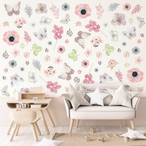 Papier peint fleurs et papillons - fleurs, feuilles et papillons