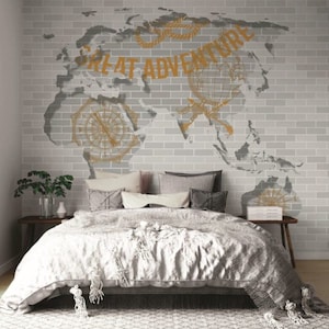Weltkarte Wallpaper an einer Backsteinwand