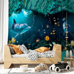 Carta da parati con delfini per la parete 3D della cameretta dei bambini