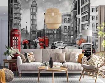 London wallpaper with a watercolor effect, Big Ben, taxis, a double-decker bus and a couple of lovers