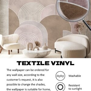 May include: A close-up of a textured wallpaper with a geometric pattern in shades of brown and pink. The wallpaper is washable, resistant to sunlight, and can be peeled off easily. The text "TEXTILE VINYL" is displayed below the image.