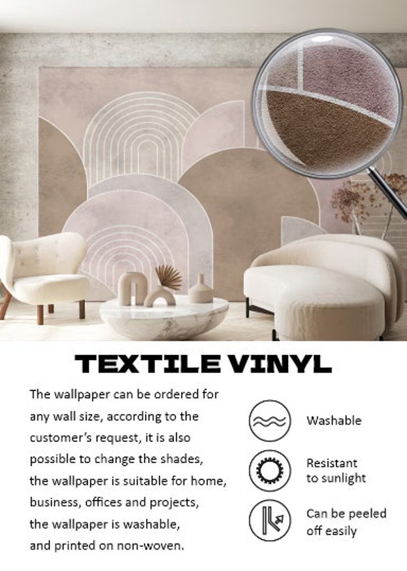 May include: A close-up of a textured wallpaper with a geometric pattern in shades of brown and pink. The wallpaper is washable, resistant to sunlight, and can be peeled off easily. The text "TEXTILE VINYL" is displayed below the image.