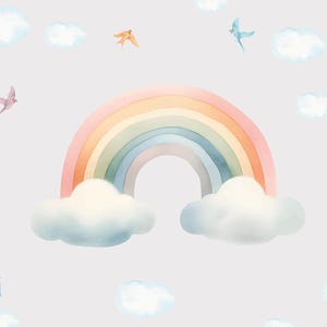May include: A watercolor illustration of a rainbow with pastel colors, set against a light gray background with white clouds. The rainbow is arched over two fluffy white clouds.