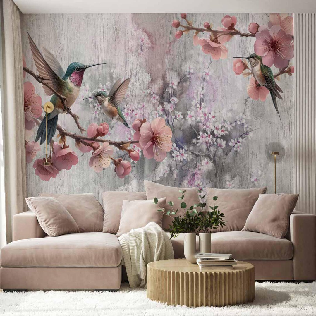 Flower Wallpaper for the Living Room With Birds Emily Design - Etsy