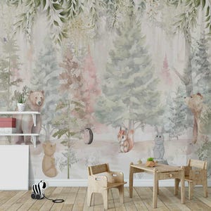 Children's room wallpaper the favorite forest animals, owl, bear, fox and rabbits