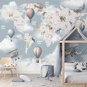 Wereldkaartbehang voor een kinderkamer, dierenstijl