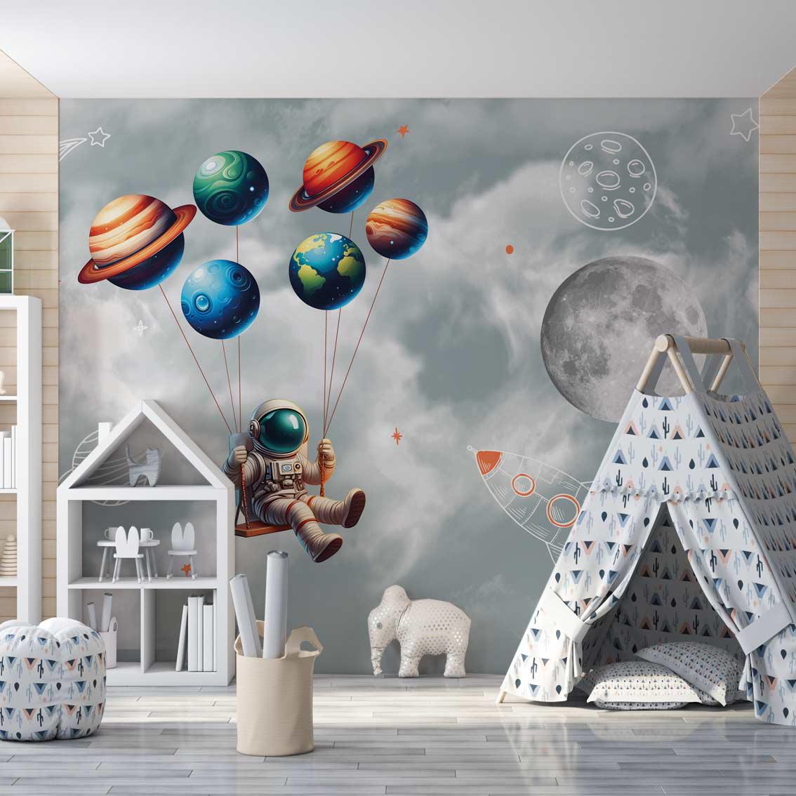 Wallpaper for children's room, astronaut sitting on planets and moon rocking star minimalist scandinavian decoration
