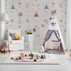 Carta da parati scandinava per la cameretta dei bambini, stile boho