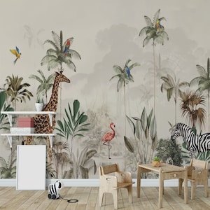 Wallpaper for a children&#39;s room in a tropical jungle, a giraffe, a zebra, and a parrot