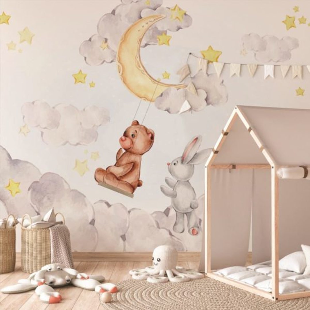 Lullaby Nursery Wallpaper Rabbit and Bear Swinging - Etsy