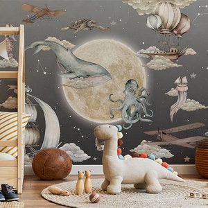 Space wallpaper, for a children's room. A whale and sailing ships sail in space next to the moon