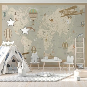 Wallpaper of the world map and airplanes for a children's room, Tommy Style.