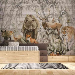 Children’s room wallpaper wild animals in the forest