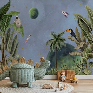 Carta da parati per camerette dei bambini, giungla nello spazio, stelle, astronavi e animali.