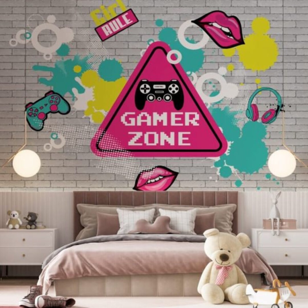 Gamer Zone Wallpaper on a Brick Background and Icons. You Can Add the  Childs Name at No Extra Charge 
