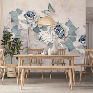 Papier peint floral – roses et papillons
