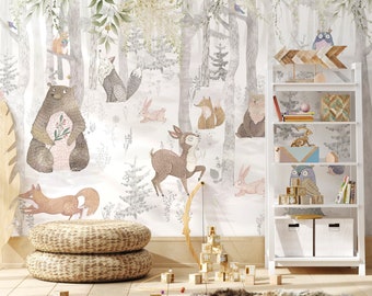 Children's room wallpaper the favorite forest animals, owl, bear, fox and rabbits