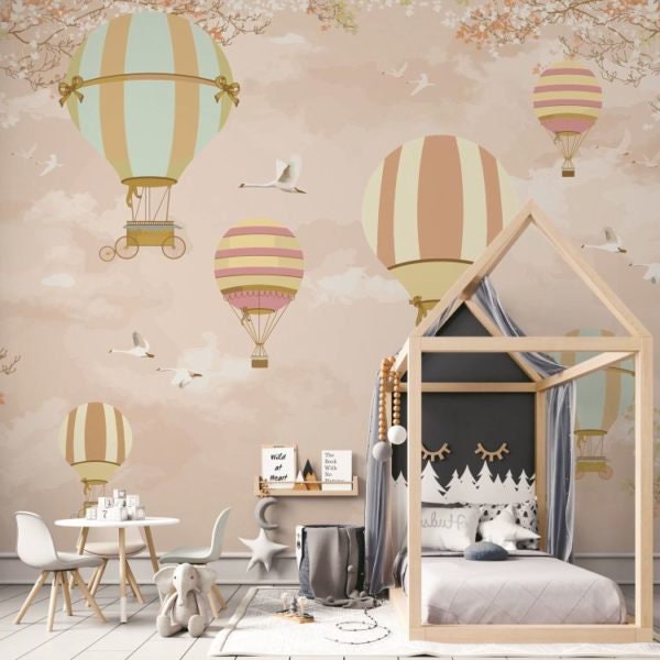 Balloon children's wallpaper, mural with birds