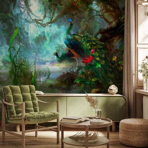 Papier peint tropical avec paon et plantes
