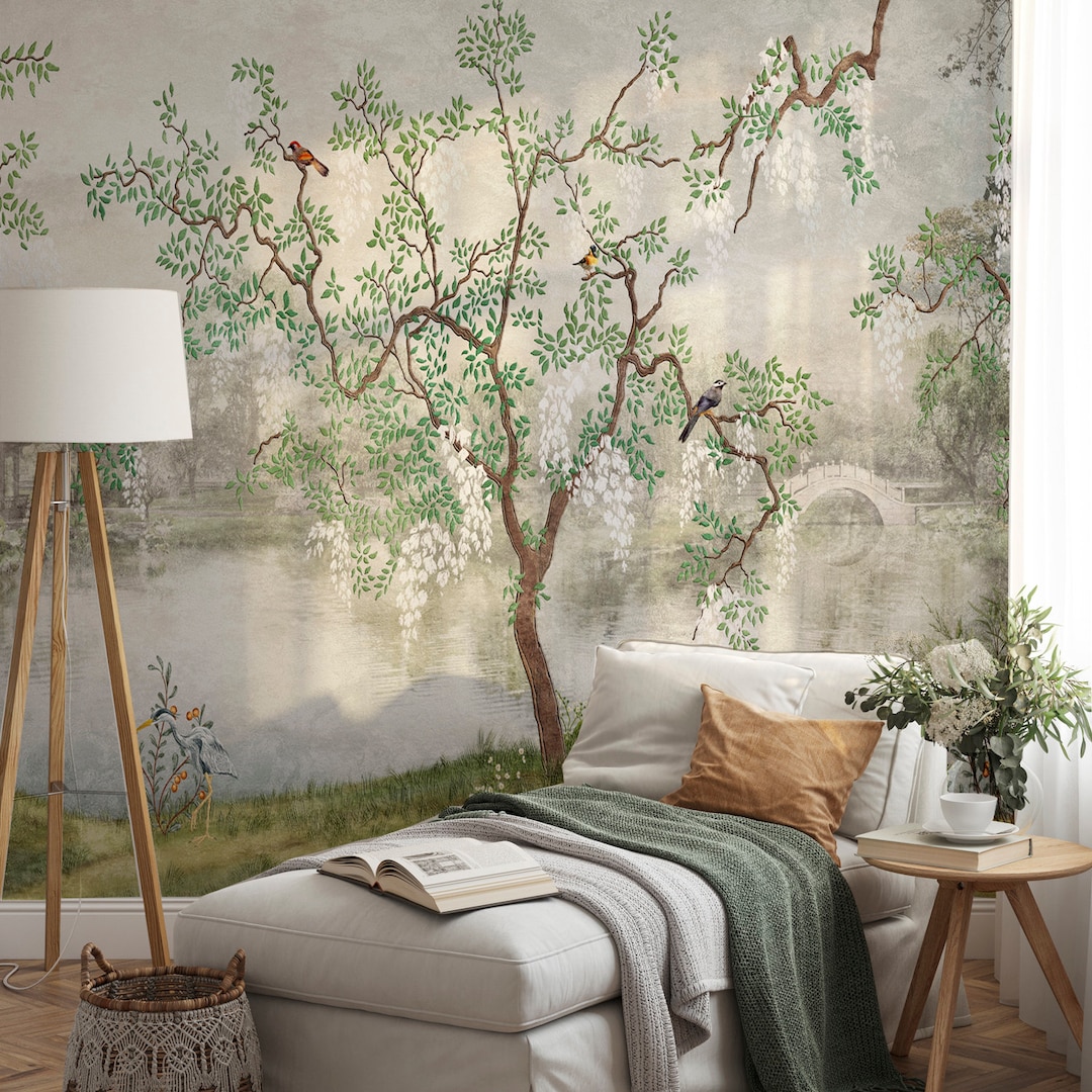 Asia Tree Background Japanese Garden Wallpaper, Misty Lake and Big Tree, Asian Trees - Etsy