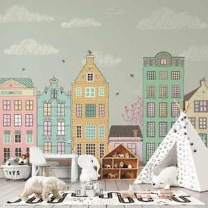Carta da parati con illustrazione urbana olandese, edifici colorati