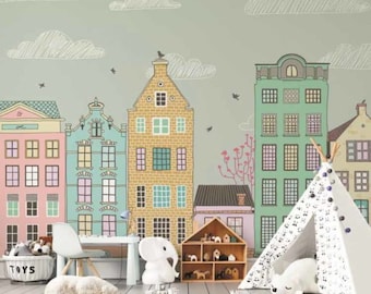 Dutch urban illustration wallpaper colorful buildings