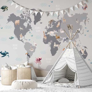 Weltkarte Tapete für ein Kinderzimmer, Tierstil 1