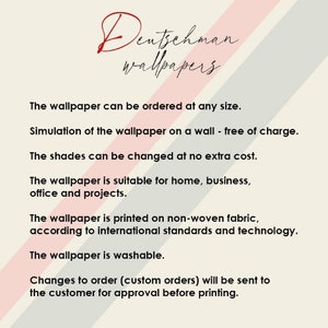 May include: Text on a white background with pink and gray stripes. The text reads "Dentsehman wallpapers". The text below describes the wallpaper features, including the ability to order at any size, simulation on a wall, color changes, suitability for home, business, and projects, printing on non-woven fabric, washability, and custom order approval.