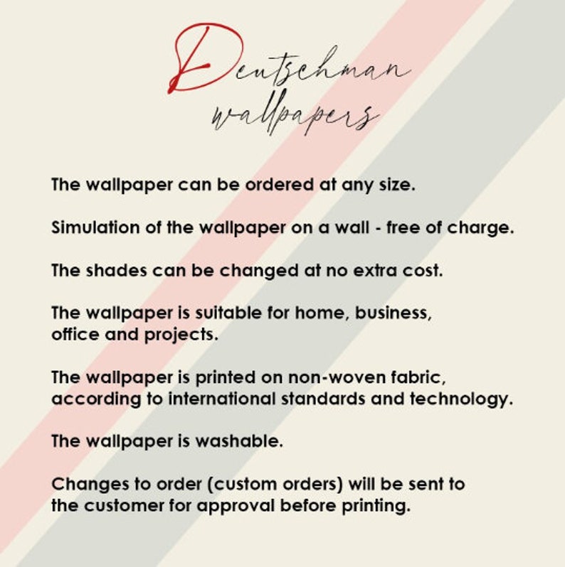 May include: Text on a white background with pink and gray stripes. The text reads "Dentsehman wallpapers". The text below describes the wallpaper features, including the ability to order at any size, simulation on a wall, color changes, suitability for home, business, and projects, printing on non-woven fabric, washability, and custom order approval.