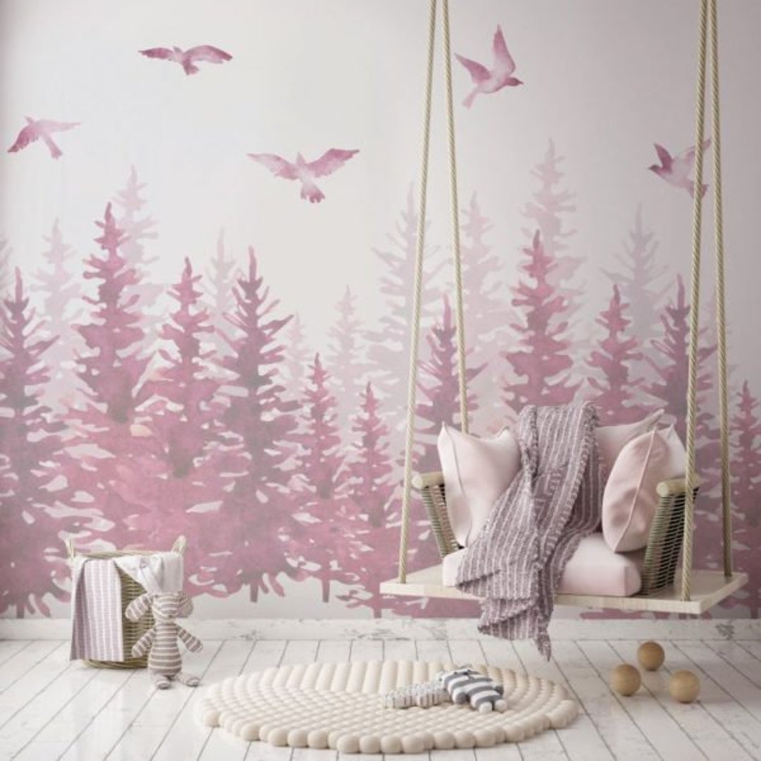 Childrens Room Wallpaper Watercolor Painting of Pine Forest and Birds