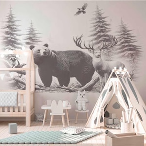 Carta da parati murales, per la cameretta dei bambini Renna e orso stile scandinavo