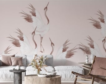 Dancing stork wallpaper on a powder pink background