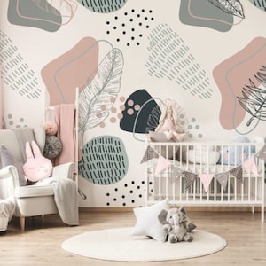 Papier peint à fleurs, formes géométriques et branches la version designer