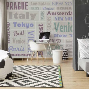 Carta da parati per la cameretta dei bambini, nomi di città del mondo 1