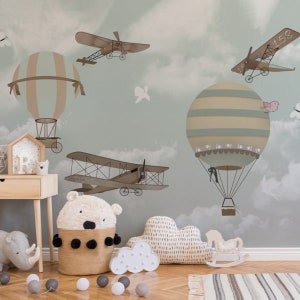 Children's wallpaper mural hot air balloons and vintage airplanes