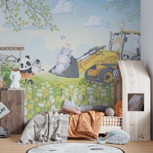 Carta da parati con animali, serie Village per cameretta bambini, elefante, coniglio, ippopotamo
