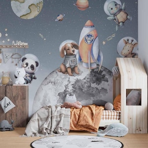 Carta da parati spaziale per camerette bambini, animali nello spazio