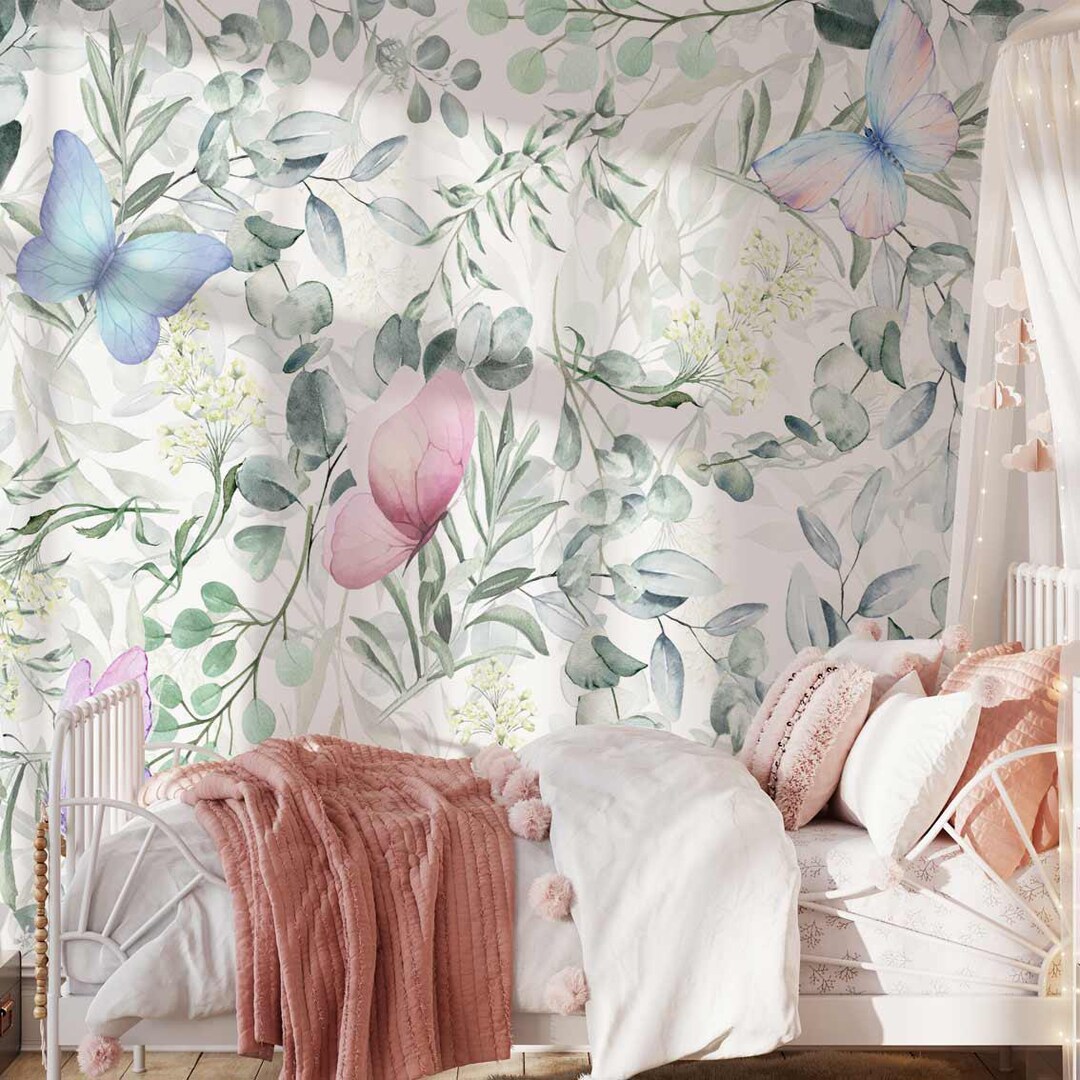 Butterflies Wallpaper With Flowers for Children's Rooms Emily Design - Etsy
