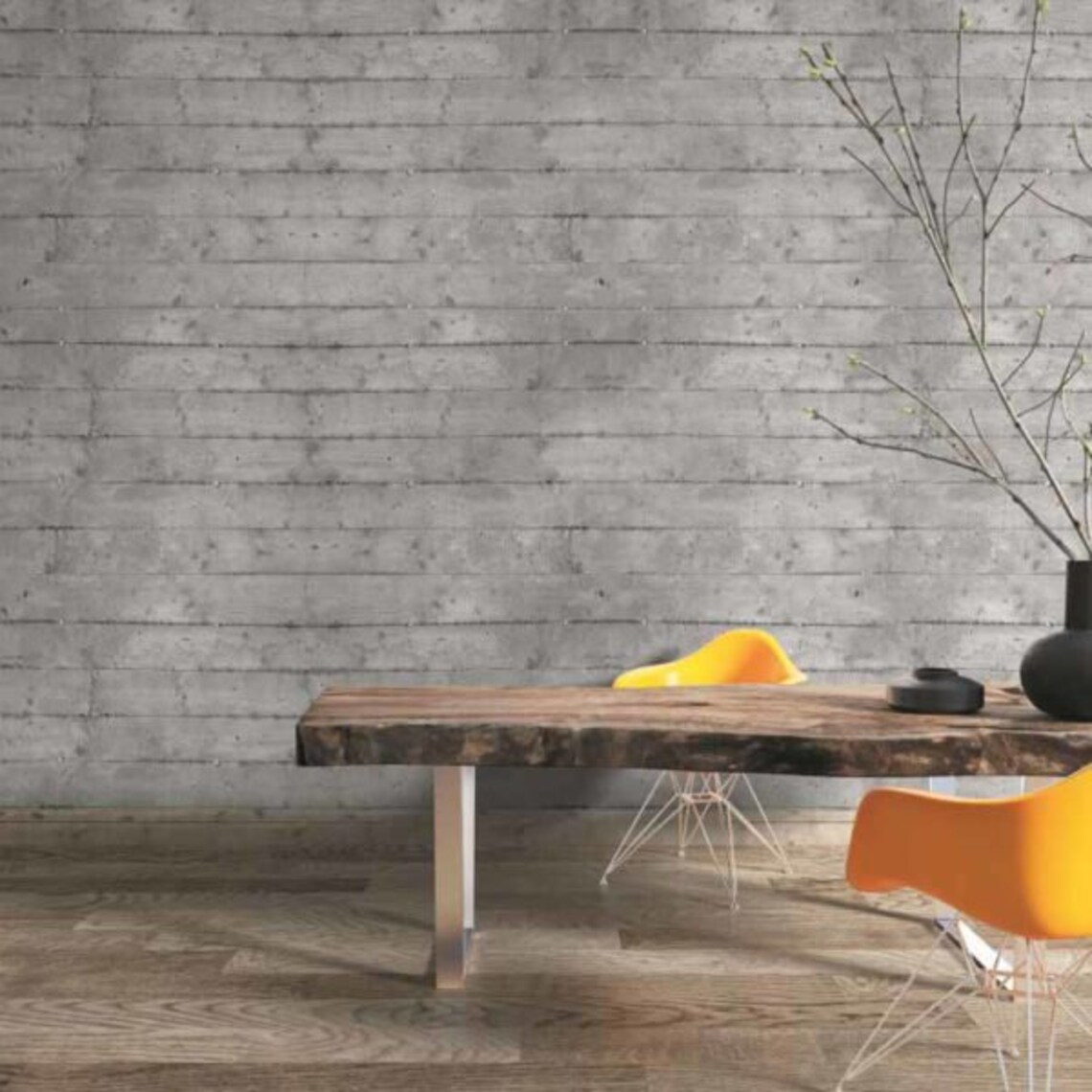 View of Concrete Beam-like Wallpaper / Embedded Wood-like Cement Spread Across ...