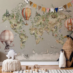 A world map wallpaper for a children's room, with animals characteristic of the region and blooming balls