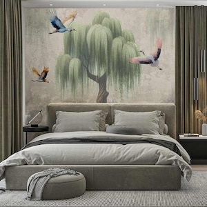 Tree wallpaper with storks, for her bedroom