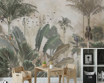 Wallpaper, tropical jungle, palm trees and large tropical leaves