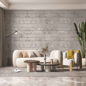Concrete beam-like wallpaper / embedded wood-like cement spread across