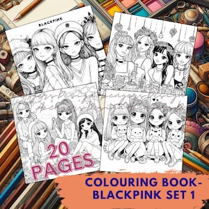 Libro para colorear BLACKPINK SET 1 lindo dibujo animado, 20 páginas para colorear para adultos y niños, hojas para colorear, tamaño A4, PDF, aliviar el estrés