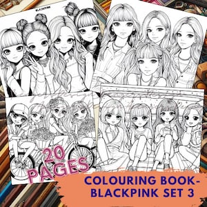 Libro para colorear BLACKPINK SET 3 dibujos animados lindos, 20 páginas para colorear para adultos y niños, hojas para colorear, tamaño A4, PDF, alivio del estrés