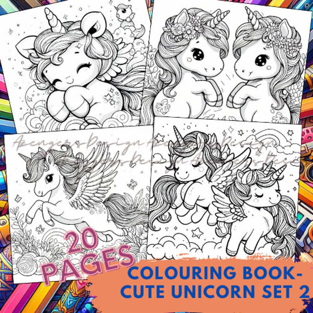 Coloring Book CUTE UNICORN SET 2 - Cute Cartoon, 20 Coloring Pages for ...