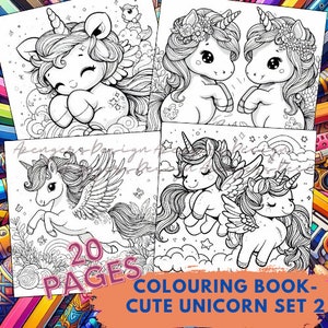 Libro para colorear UNICORNIO LINDO SET 2 - dibujos animados lindos, 20 páginas para colorear para adultos y niños, hojas para colorear, tamaño A4, pdf, alivio del estrés