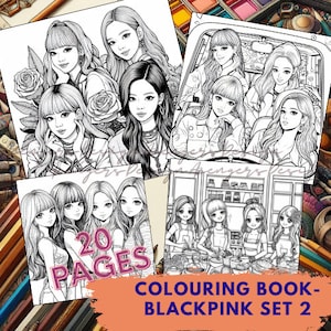 Libro para colorear BLACKPINK SET 2 dibujos animados lindos, 20 páginas para colorear para adultos y niños, hojas para colorear, tamaño A4, PDF, alivio del estrés