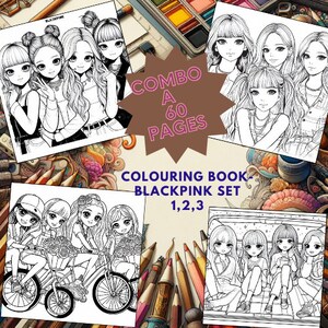 Libro para colorear COMBO A BLACKPINK SET/ caricatura linda/ 60 páginas para colorear para adultos y niños/ hojas para colorear/ tamaño A4/ pdf/ alivio del estrés